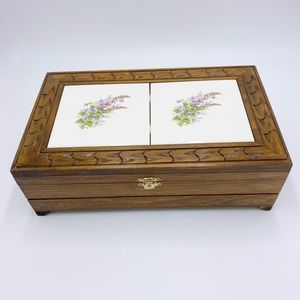 Wood Jewelry Box With Floral Ceramic Tile Top Bouquet Of Violets.
